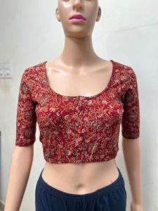 Cherry Red Round Neck Cotton Stretchable Kalamkari Blouse