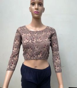 Metallic Gray Round Neck Cotton Stretchable Kalamkari Blouse