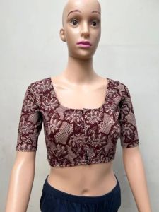 Pecan Brown Round Neck Cotton Stretchable Kalamkari Blouse