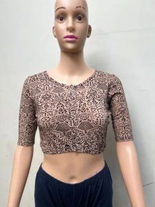 Cloud Gray Round Neck Cotton Stretchable Kalamkari Blouse
