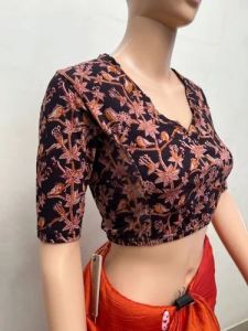 Midnight Black Round Neck Cotton Stretchable Kalamkari Blouse