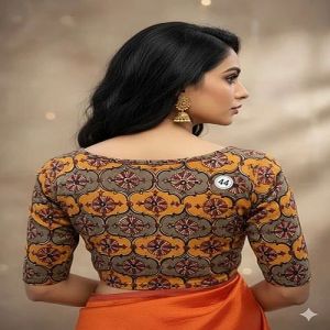 Yellow Round Neck Cotton Stretchable Kalamkari Blouse