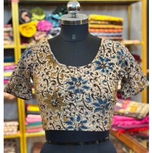 Light Blue Round Neck Cotton Stretchable Kalamkari Blouse