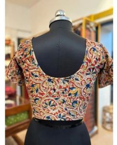 Pale Beige Round Neck Cotton Stretchable Kalamkari Blouse