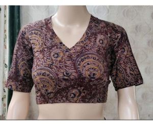 Mocha Brown V Neck Cotton Stretchable Kalamkari Blouse