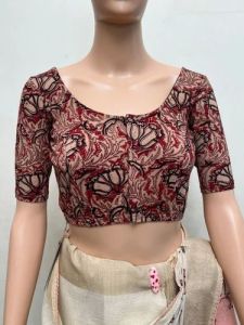 Oxblood Maroon Round Neck Cotton Stretchable Kalamkari Blouse