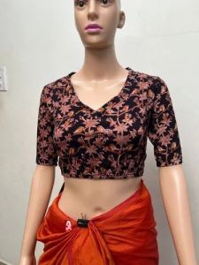 Midnight Black Round Neck Cotton Stretchable Kalamkari Blouse