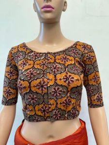 Yellow Round Neck Cotton Stretchable Kalamkari Blouse