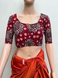Garnet Red U Neck Cotton Stretchable Kalamkari Blouse