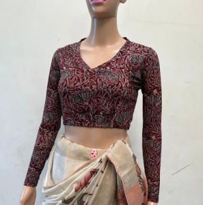 Deep Maroon V Neck Cotton Stretchable Kalamkari Blouse