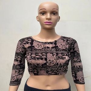 Crow Black Round Neck Cotton Stretchable Kalamkari Blouse
