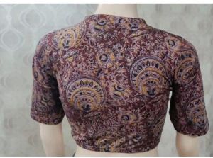 Mocha Brown V Neck Cotton Stretchable Kalamkari Blouse