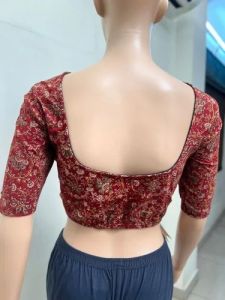 Cherry Red Round Neck Cotton Stretchable Kalamkari Blouse