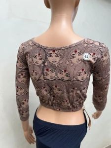 Metallic Gray Round Neck Cotton Stretchable Kalamkari Blouse