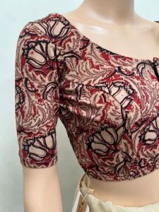 Oxblood Maroon Round Neck Cotton Stretchable Kalamkari Blouse