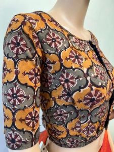 Yellow Round Neck Cotton Stretchable Kalamkari Blouse