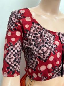 Garnet Red U Neck Cotton Stretchable Kalamkari Blouse