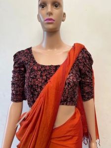Ink Black Round Neck Cotton Stretchable Kalamkari Blouse