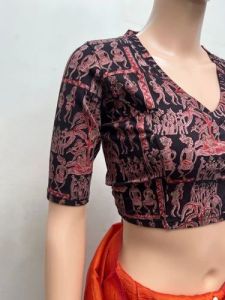 Mahogany Red V Neck Cotton Stretchable Kalamkari Blouse