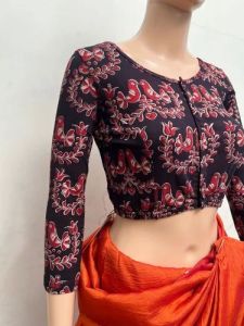 Sable Black Round Neck Cotton Stretchable Kalamkari Blouse