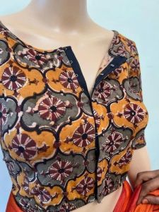 Yellow Round Neck Cotton Stretchable Kalamkari Blouse