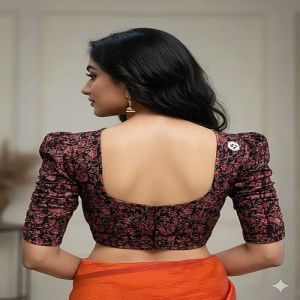 Ink Black Round Neck Cotton Stretchable Kalamkari Blouse