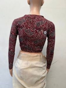 Deep Maroon V Neck Cotton Stretchable Kalamkari Blouse