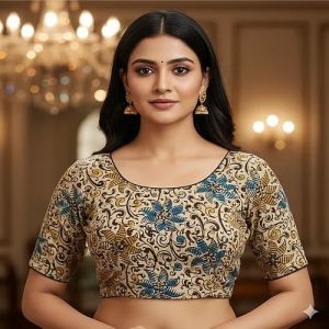 Burnt Maroon Round Neck Stretchable Kalamkari Blouse