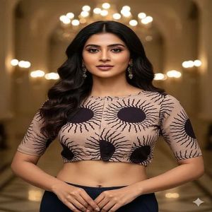 Champagne Beige Round Neck Cotton Stretchable Kalamkari Blouse