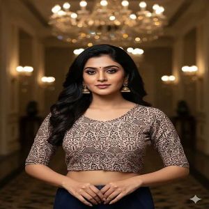 Cloud Gray Round Neck Cotton Stretchable Kalamkari Blouse