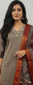 Coffee Brown Embroidered Cotton Kurti Set