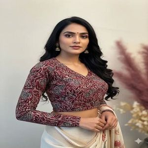 Deep Maroon V Neck Cotton Stretchable Kalamkari Blouse