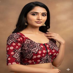 Garnet Red U Neck Cotton Stretchable Kalamkari Blouse