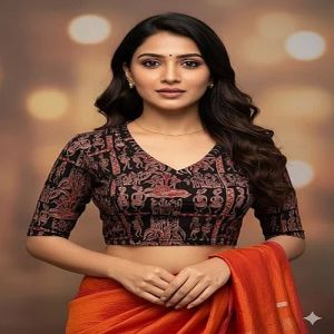 Mahogany Red V Neck Cotton Stretchable Kalamkari Blouse