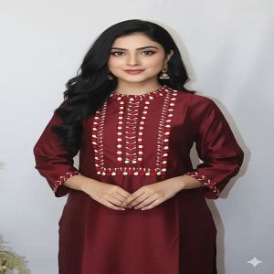 Maroon Cotton Embroidered Kurti Set