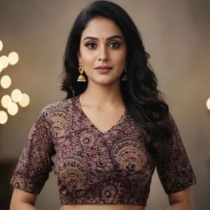 Mocha Brown V Neck Cotton Stretchable Kalamkari Blouse