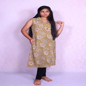 Mustard Yellow Cotton Kalamkari Kurti