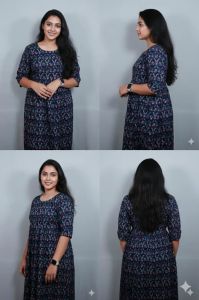 Navy Blue Cotton Printed Kalamkari Kurti