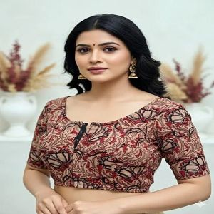 Oxblood Maroon Round Neck Cotton Stretchable Kalamkari Blouse