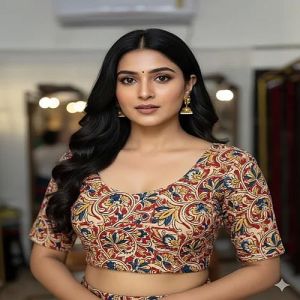 Pale Beige Round Neck Cotton Stretchable Kalamkari Blouse