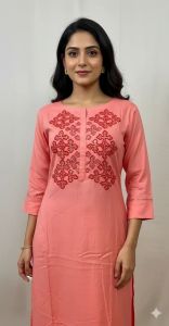 Peach and Pink Embroidered Cotton Kalamkari Kurti