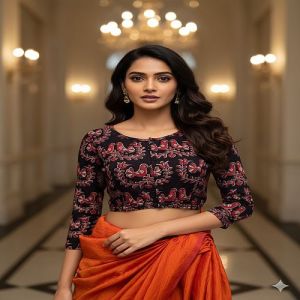 Sable Black Round Neck Cotton Stretchable Kalamkari Blouse