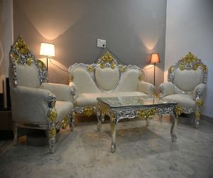 Cream Upholstery Ornate Living Room Set