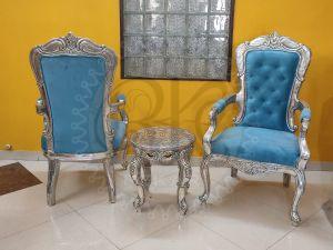 Turquoise Throne Chair Set with Carved Table