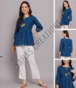 Blue Printed Rayon Top