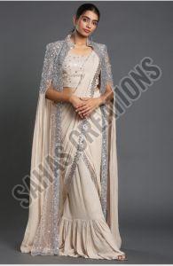 Brown Embroidered Heavy Georgette Saree