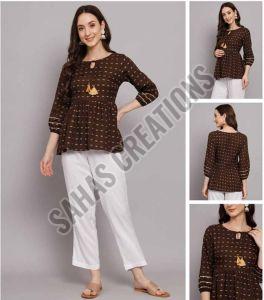 Coffee Printed Rayon Top