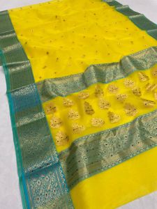 Floral Grid Yellow Banarasi Saree