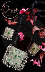 Ladies Green Square Golden Pendant Jewelry Set