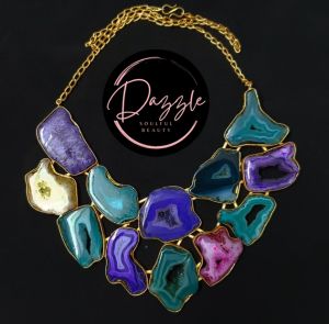 Ladies Multicolor Gemstone Slice Golden Statement Necklace